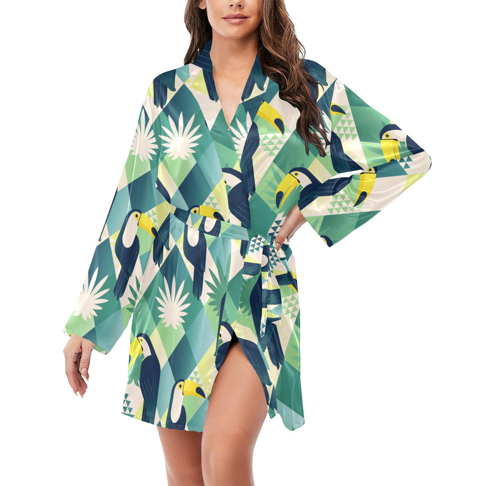 Toucan tropical leaves design pattern Women's Long Sleeve Belted Night Robe