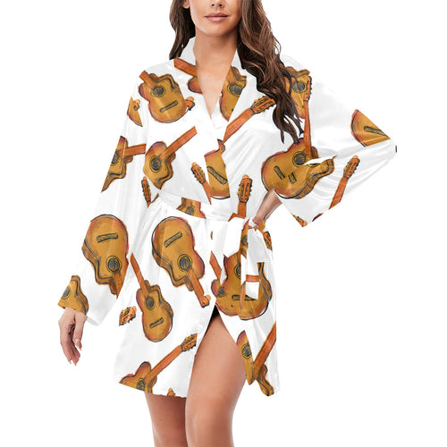 Paint Guitar Pattern Women's Long Sleeve Belted Night Robe