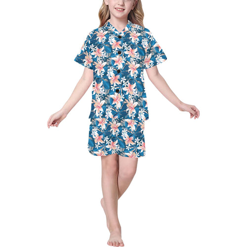 Hibiscus Pattern Print Design 02 Kids' Boys' Girls' V-Neck Short Pajama Set