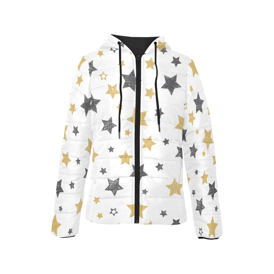 hand drawn gold black star pattern Women's Padded Hooded Jacket