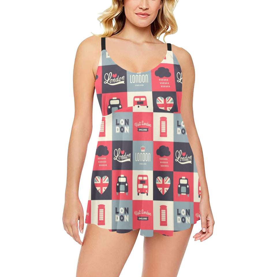 British Pattern Print Design 05 Chest Sexy Pleated Two Piece Swim Dress