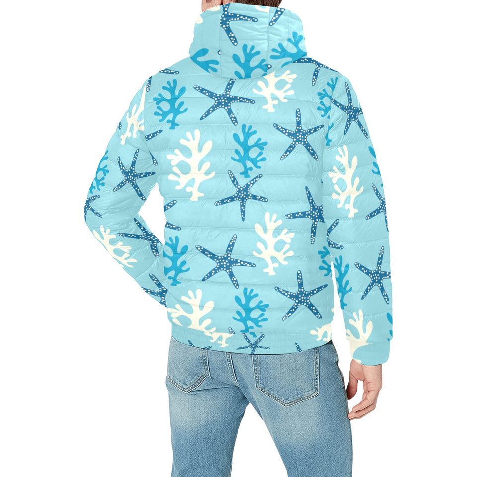 Blue starfish coral reef pattern Men's Padded Hooded Jacket