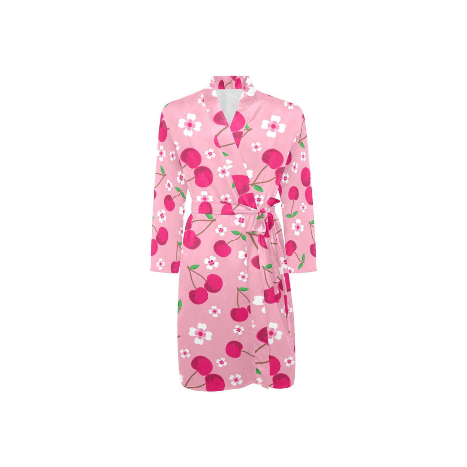 cherry flower pattern pink background Men's Long Sleeve Belted Night Robe