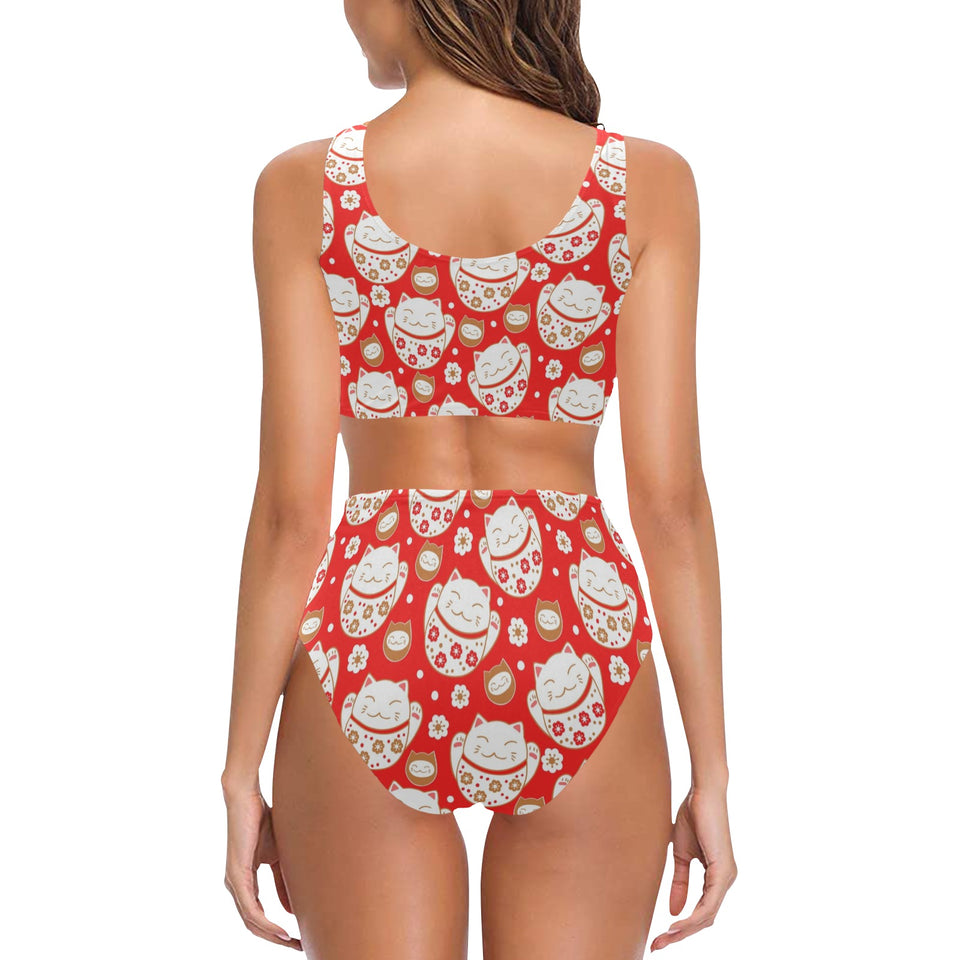 Cute Maneki neko cat red background Chest Bowknot High Waisted Bikini Swimsuit