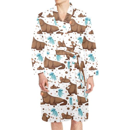 sea lion Seals jellyfish pattern Men's Long Sleeve Belted Night Robe