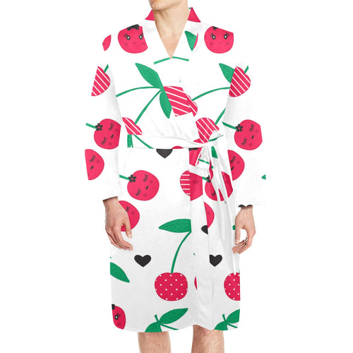 cherry pattern white background Men's Long Sleeve Belted Night Robe