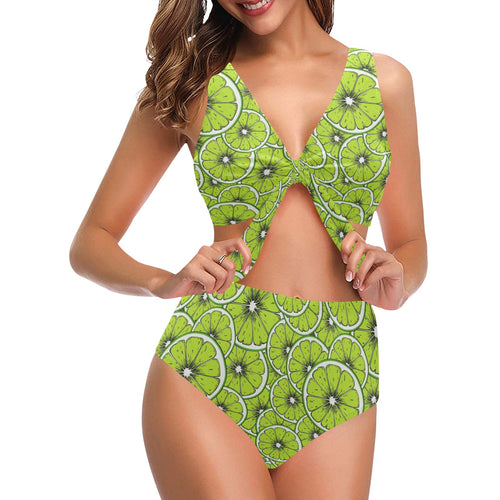 Slices of Lime design pattern Chest Bowknot High Waisted Bikini Swimsuit