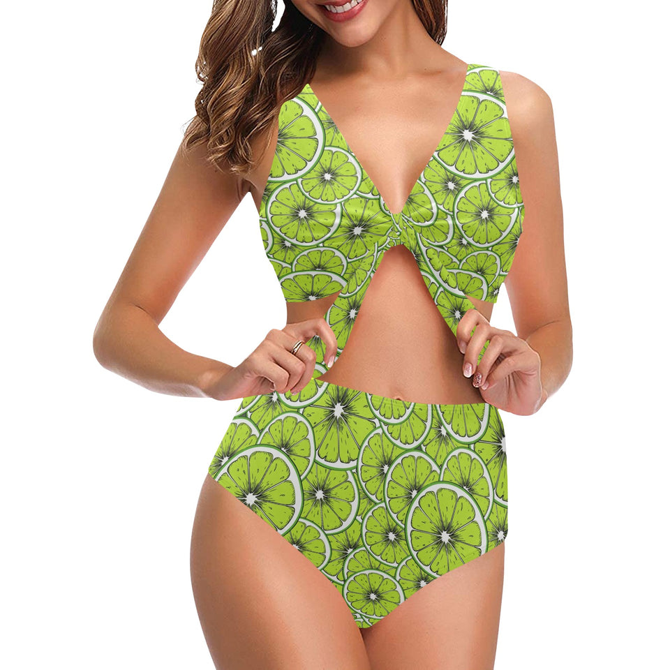 Slices of Lime design pattern Chest Bowknot High Waisted Bikini Swimsuit