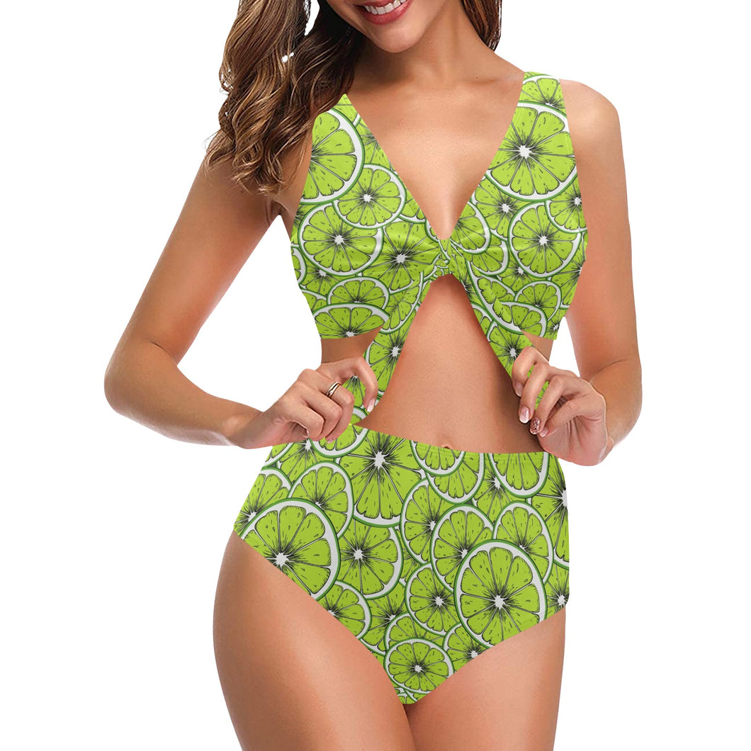 Slices of Lime design pattern Chest Bowknot High Waisted Bikini Swimsuit