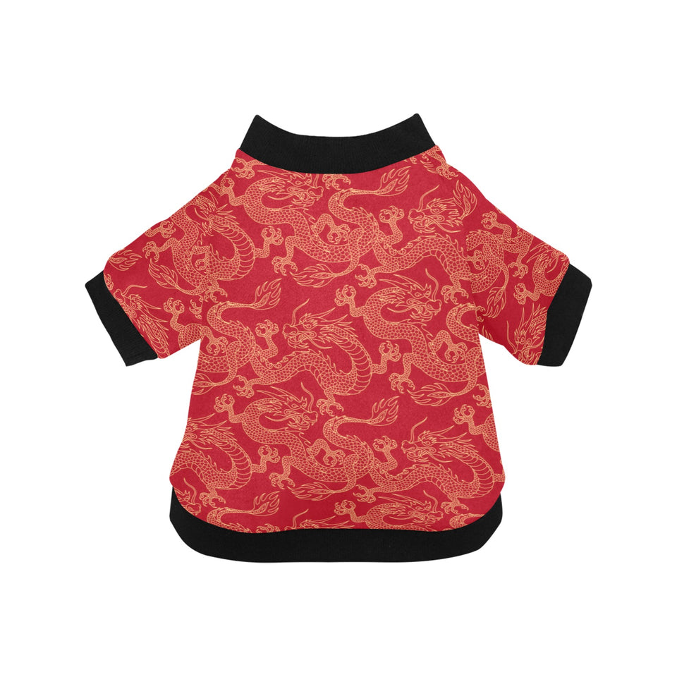Gold dragons red background All Over Print Pet Dog Round Neck Fuzzy Shirt
