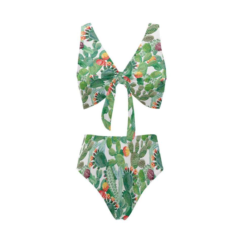 Cactus design pattern copy Chest Bowknot High Waisted Bikini Swimsuit