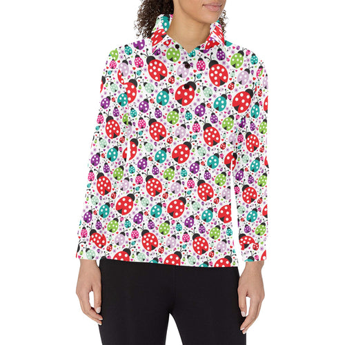 Ladybug Pattern Print Design 03 Women's Long Sleeve Polo Shirt