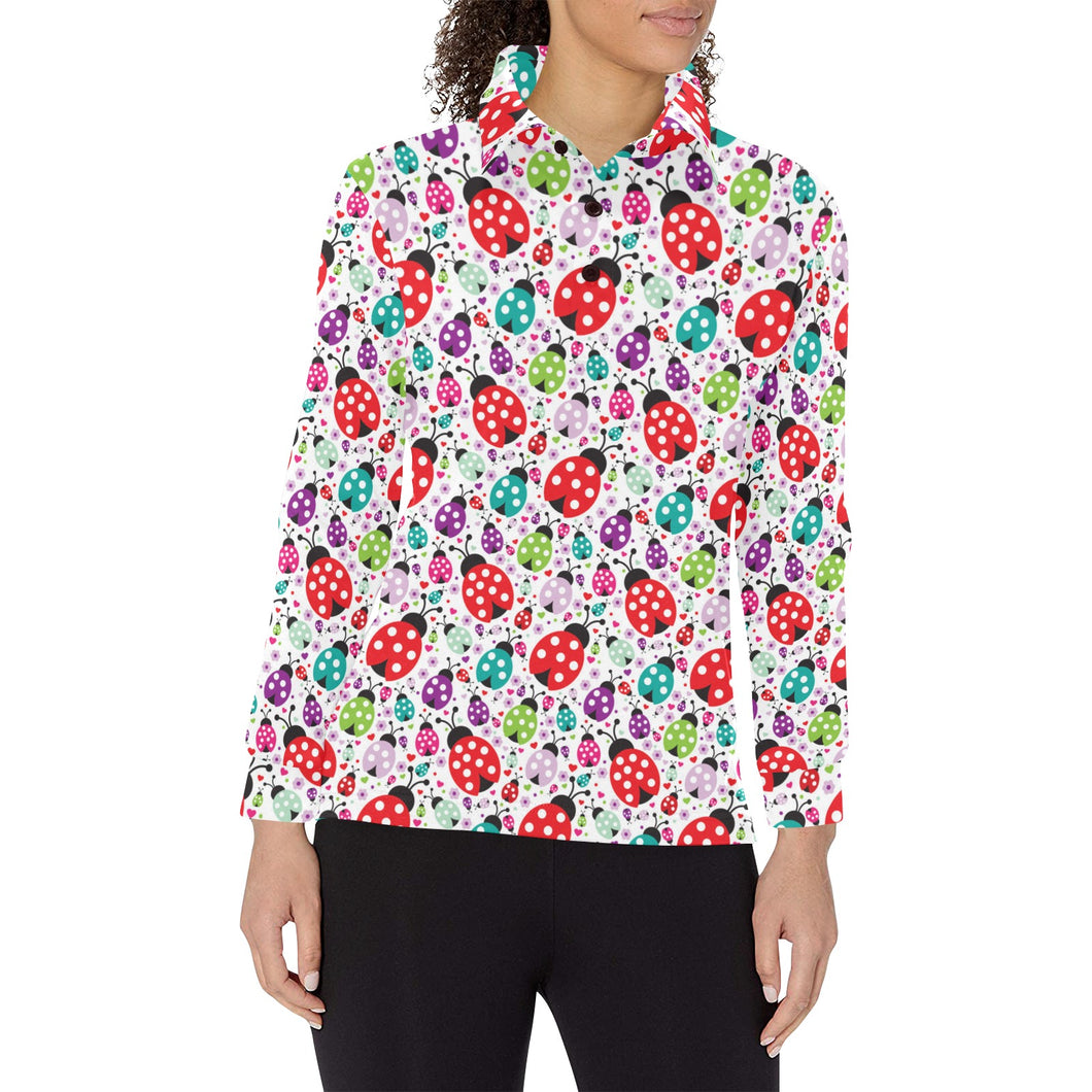 Ladybug Pattern Print Design 03 Women's Long Sleeve Polo Shirt