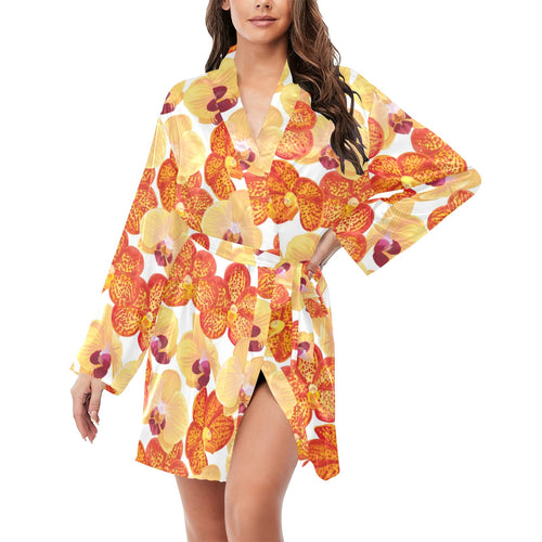Orange yellow orchid flower pattern background Women's Long Sleeve Belted Night Robe