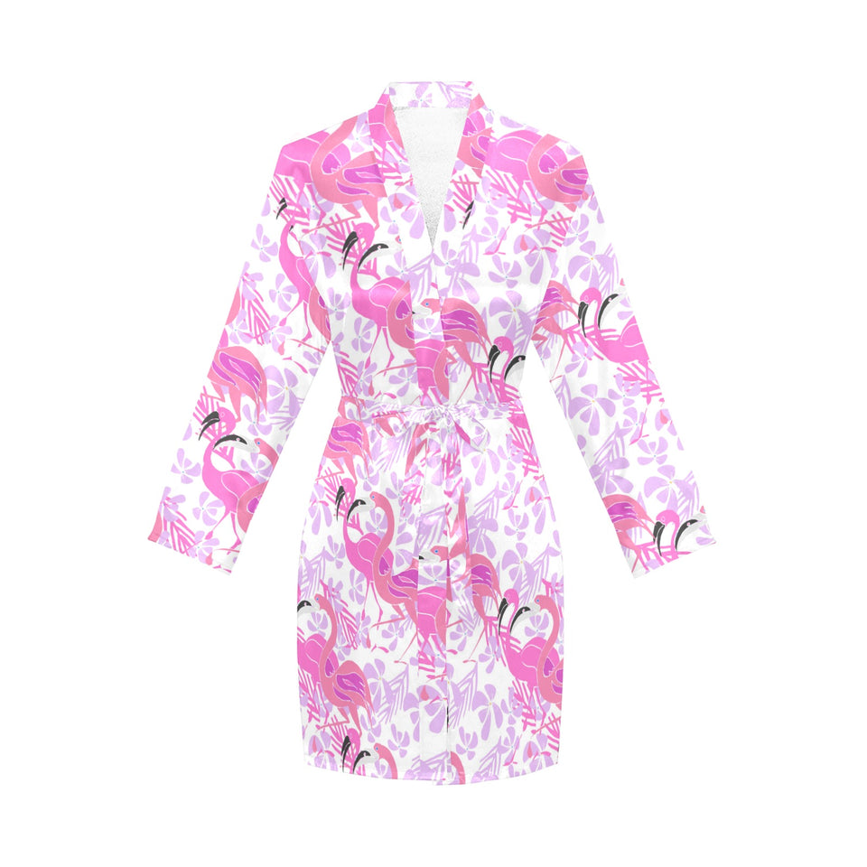 Pink flamingo flower pattern Women's Long Sleeve Belted Night Robe