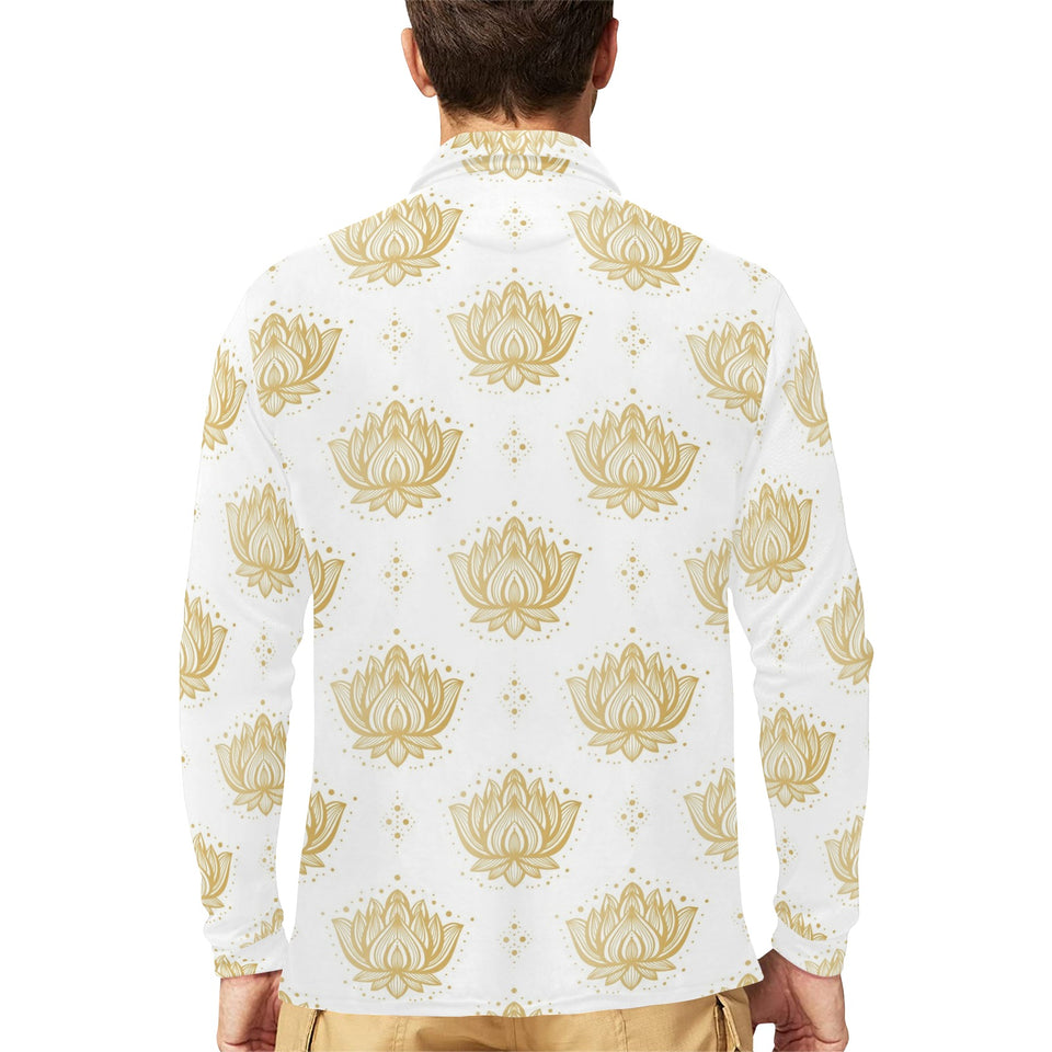 Gold Ornamental lotue waterlily symbol pattern Men's Long Sleeve Polo Shirt