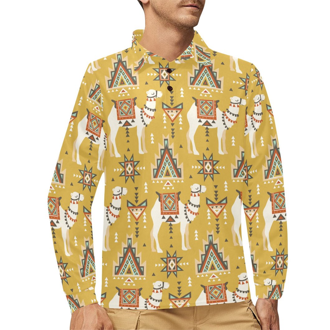 Camels ethnic motif pattern Men's Long Sleeve Polo Shirt