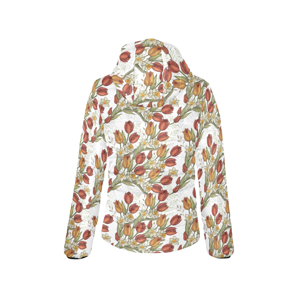 Red tulips and daffodils pattern Women's Padded Hooded Jacket