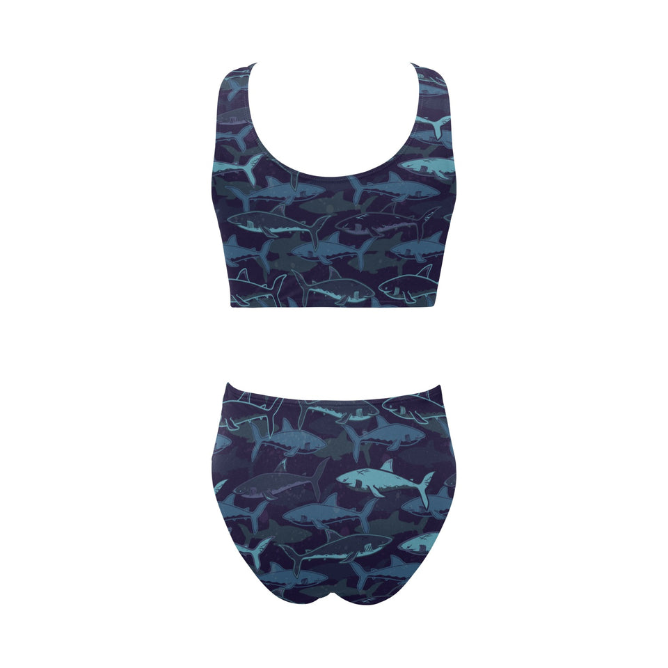 Shark pattern Chest Bowknot High Waisted Bikini Swimsuit