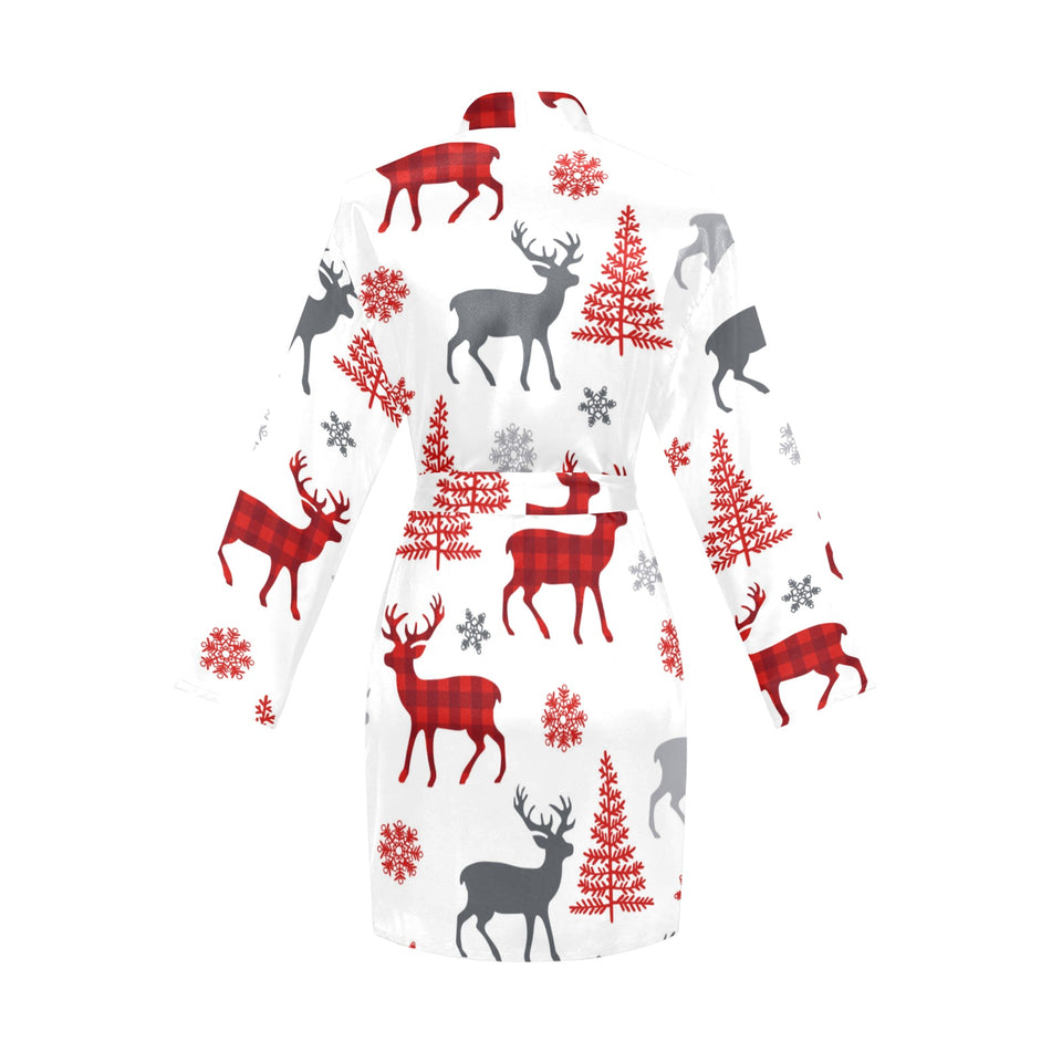 Deer tree snowflakes chrismas pattern Women's Long Sleeve Belted Night Robe