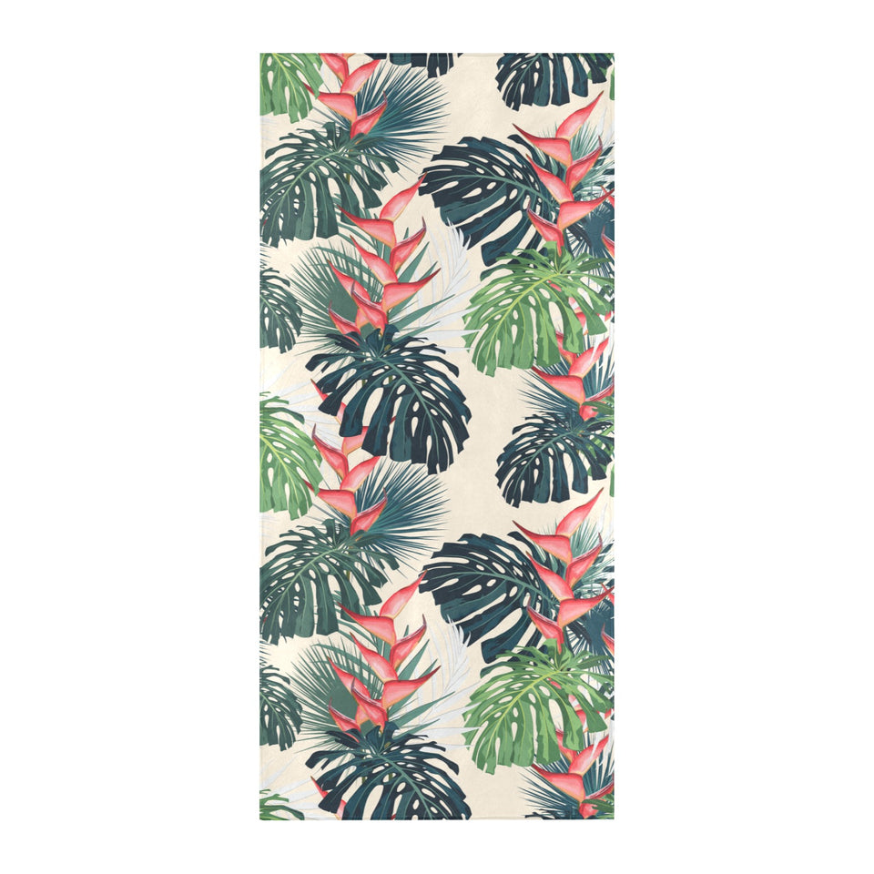 heliconia flowers, palm and monstera leaves Beach Towel