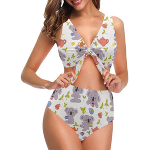 Cute koalas teapots tea Chest Bowknot High Waisted Bikini Swimsuit