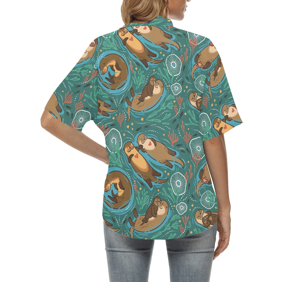 cute brown sea otters ornamental seaweed corals gr Women's All Over Print Hawaiian Shirt