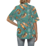 cute brown sea otters ornamental seaweed corals gr Women's All Over Print Hawaiian Shirt