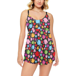 Tea pots Pattern Print Design 01 Chest Sexy Pleated Two Piece Swim Dress