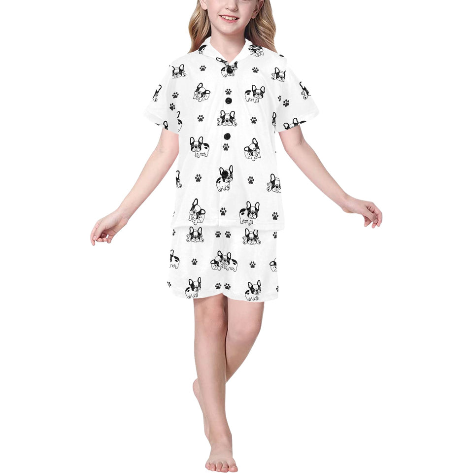 Cute french bulldog paw pattern Kids' Boys' Girls' V-Neck Short Pajama Set