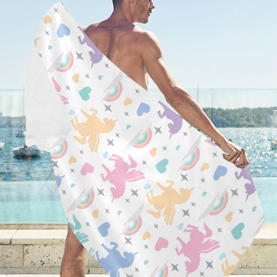 colorful unicorn rainbow heart pattern Beach Towel
