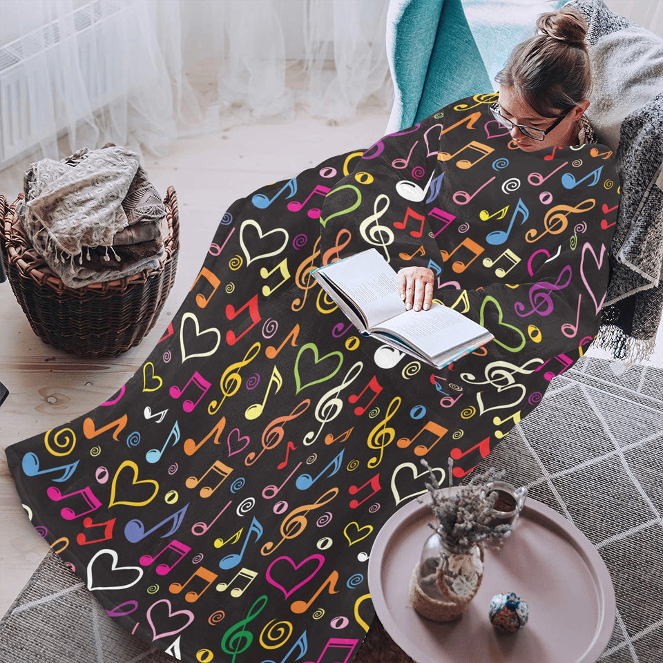 Music Notes Pattern Print Design 02 Blanket Robe with Sleeves