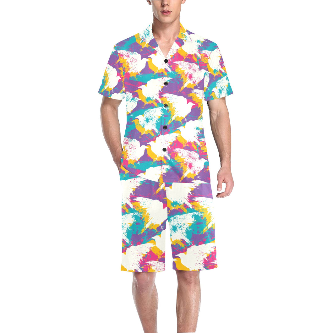 Colorful crow illustration pattern Men's V-Neck Short Pajama Set