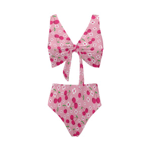 cherry flower pattern pink background Chest Bowknot High Waisted Bikini Swimsuit
