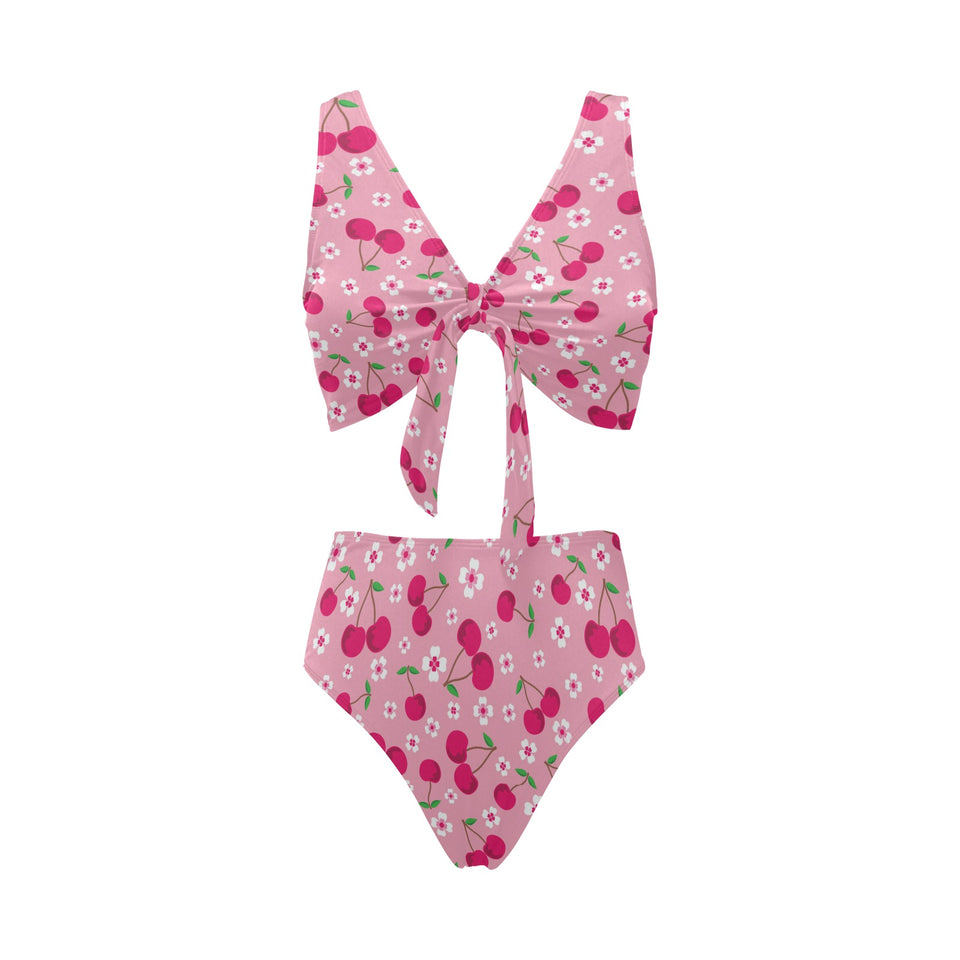 cherry flower pattern pink background Chest Bowknot High Waisted Bikini Swimsuit