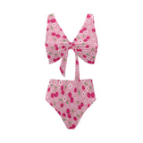 cherry flower pattern pink background Chest Bowknot High Waisted Bikini Swimsuit