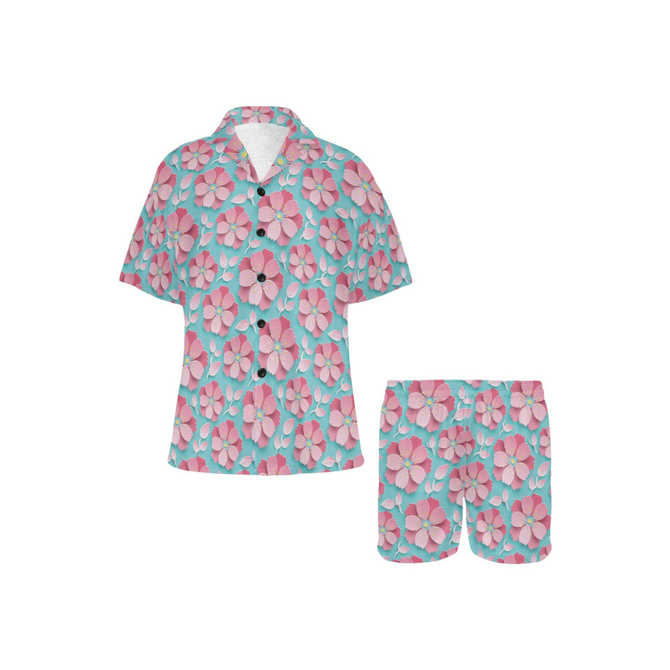 3D sakura cherry blossom pattern Women's V-Neck Short Pajama Set
