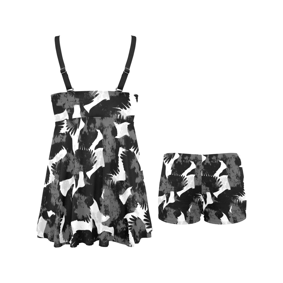 Crow illustration pattern Chest Sexy Pleated Two Piece Swim Dress