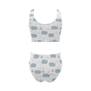 cute rhino heart pattern Chest Bowknot High Waisted Bikini Swimsuit