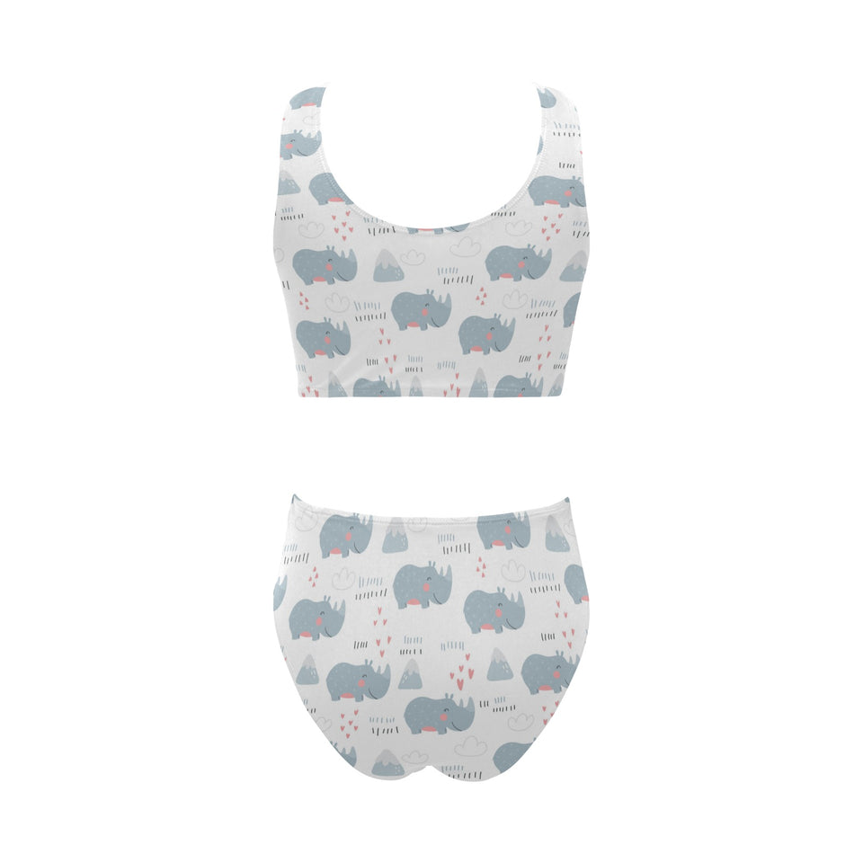 cute rhino heart pattern Chest Bowknot High Waisted Bikini Swimsuit