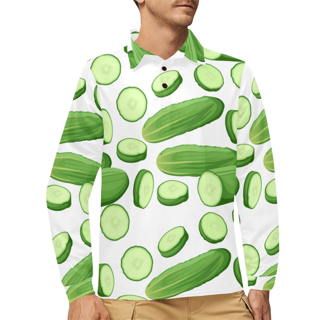 cucumber whole slices pattern Men's Long Sleeve Polo Shirt