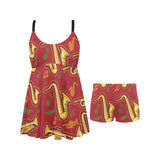 Saxophone cornet pattern red background Chest Sexy Pleated Two Piece Swim Dress