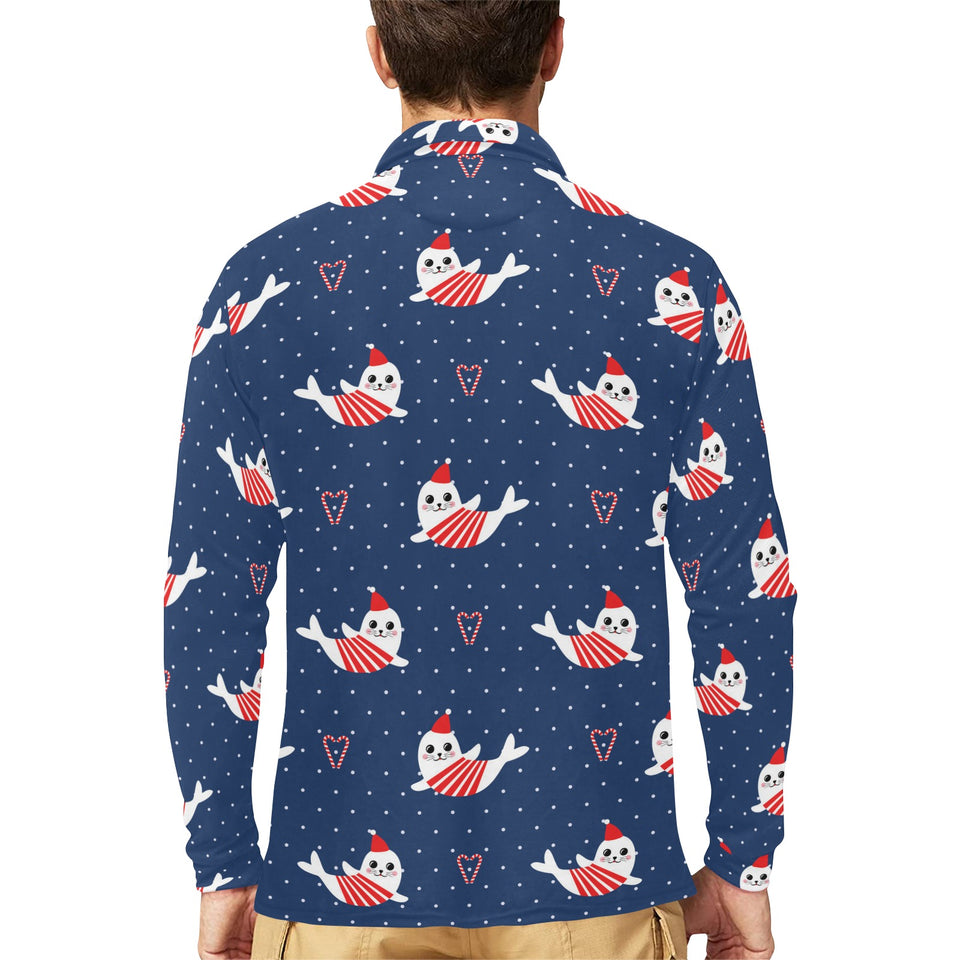 Cute sea lion seal christmas hat candy cane heart Men's Long Sleeve Polo Shirt