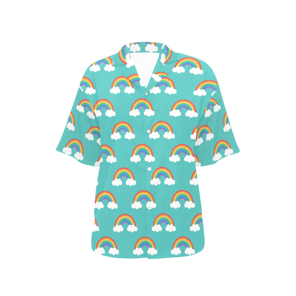 Rainbow pattern green background Women's All Over Print Hawaiian Shirt