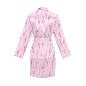 Lavender pattern pink background Women's Long Sleeve Belted Night Robe