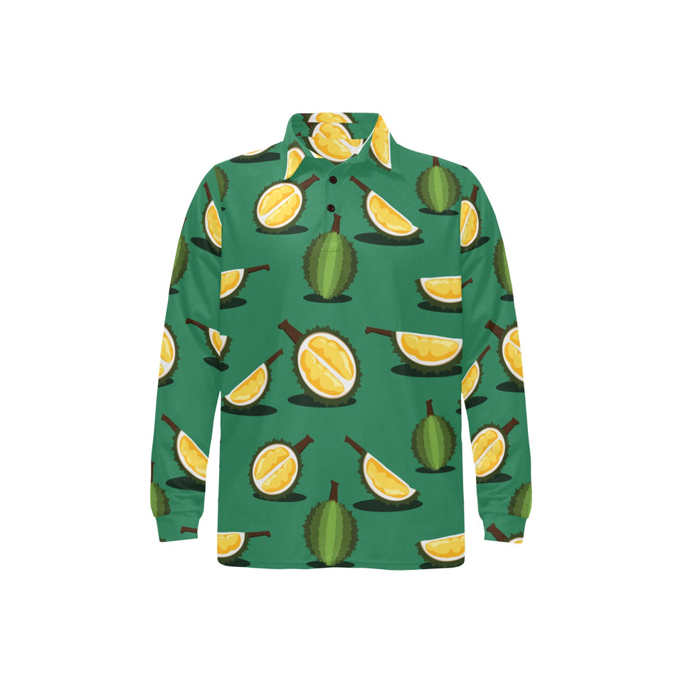 Durian pattern green background Men's Long Sleeve Polo Shirt