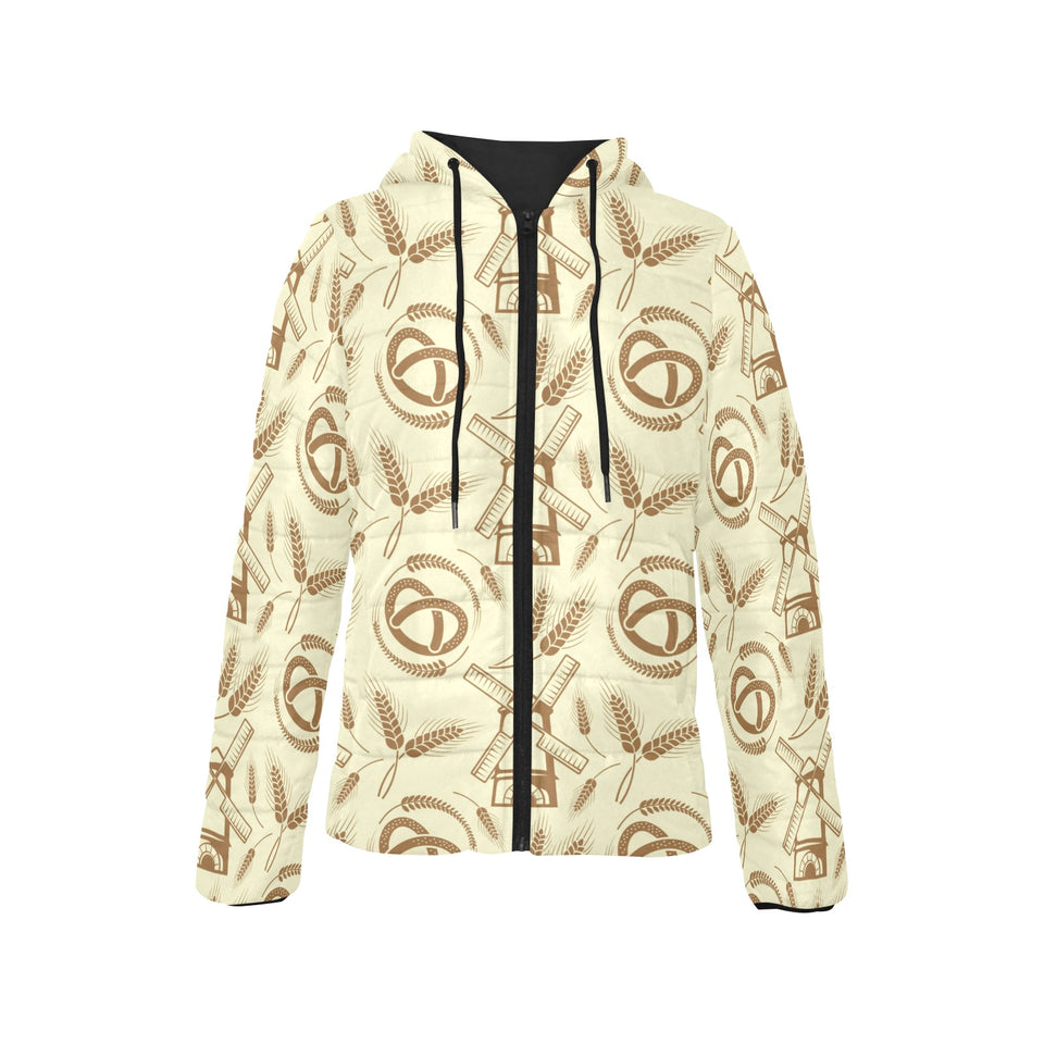 Windmill Wheat pattern Women's Padded Hooded Jacket