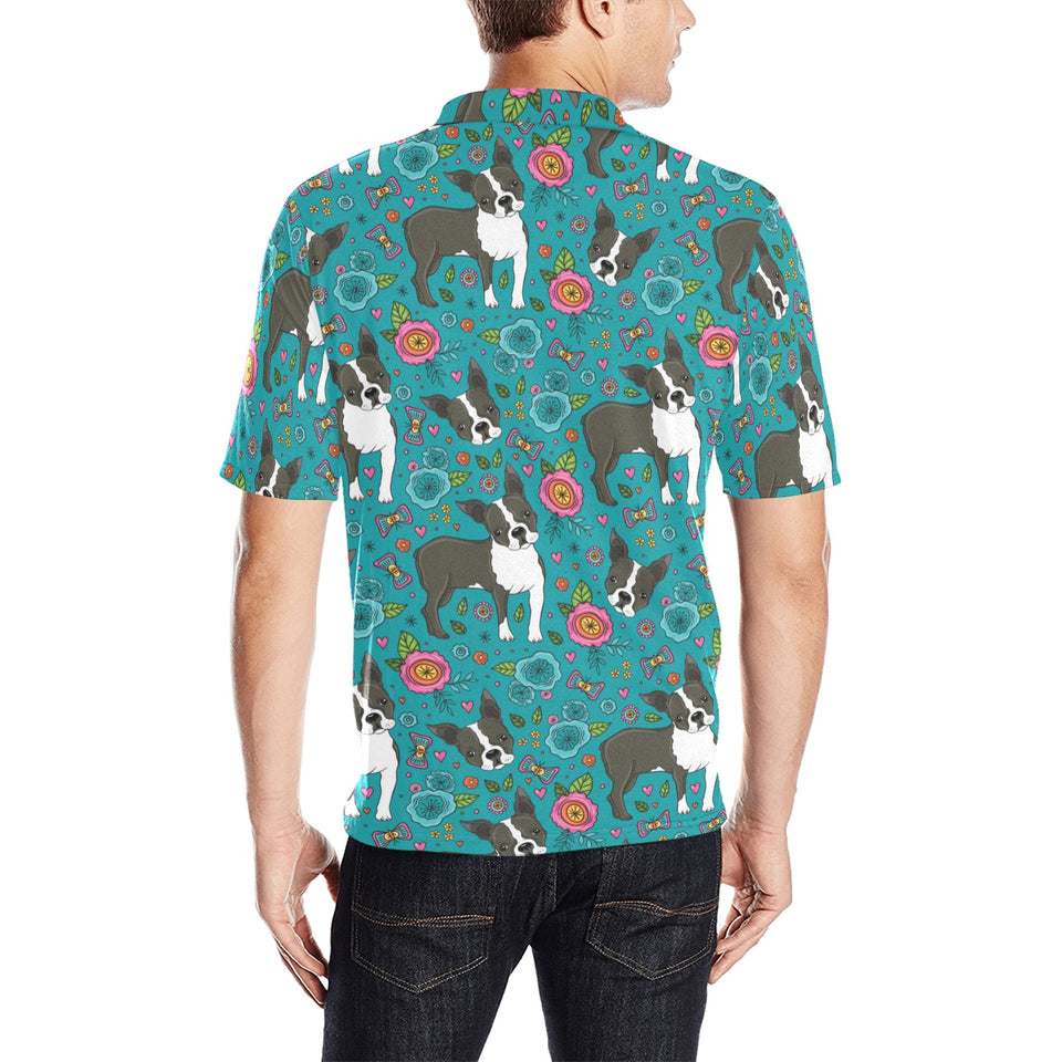 Boston terrier beautiful flower pattern Men's All Over Print Polo Shirt