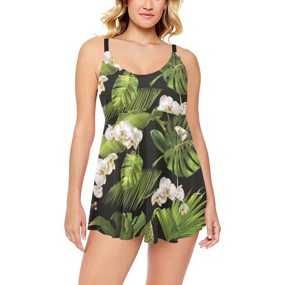 White orchid flower tropical leaves pattern blackg Chest Sexy Pleated Two Piece Swim Dress