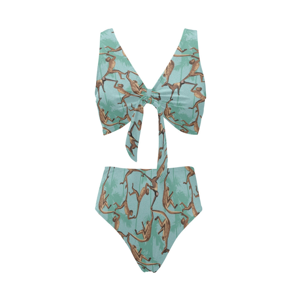 Monkey Palm tree background Chest Bowknot High Waisted Bikini Swimsuit
